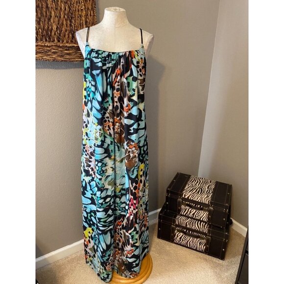 Bebe Dress Blue Red L Large Flowing Strappy Multicolor Maxi Midi - Picture 5 of 9